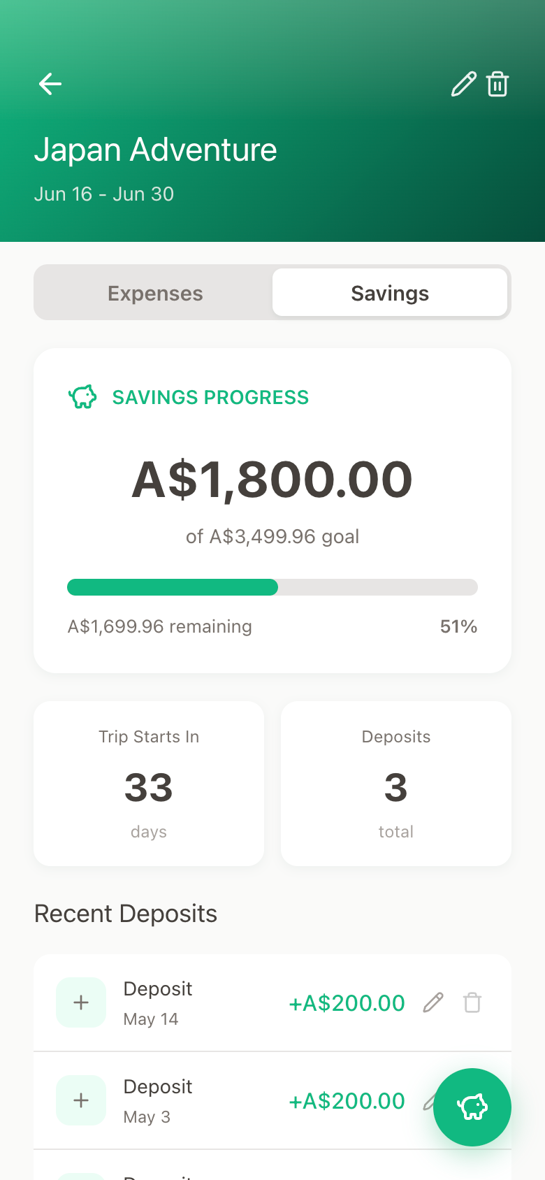 Savings screen